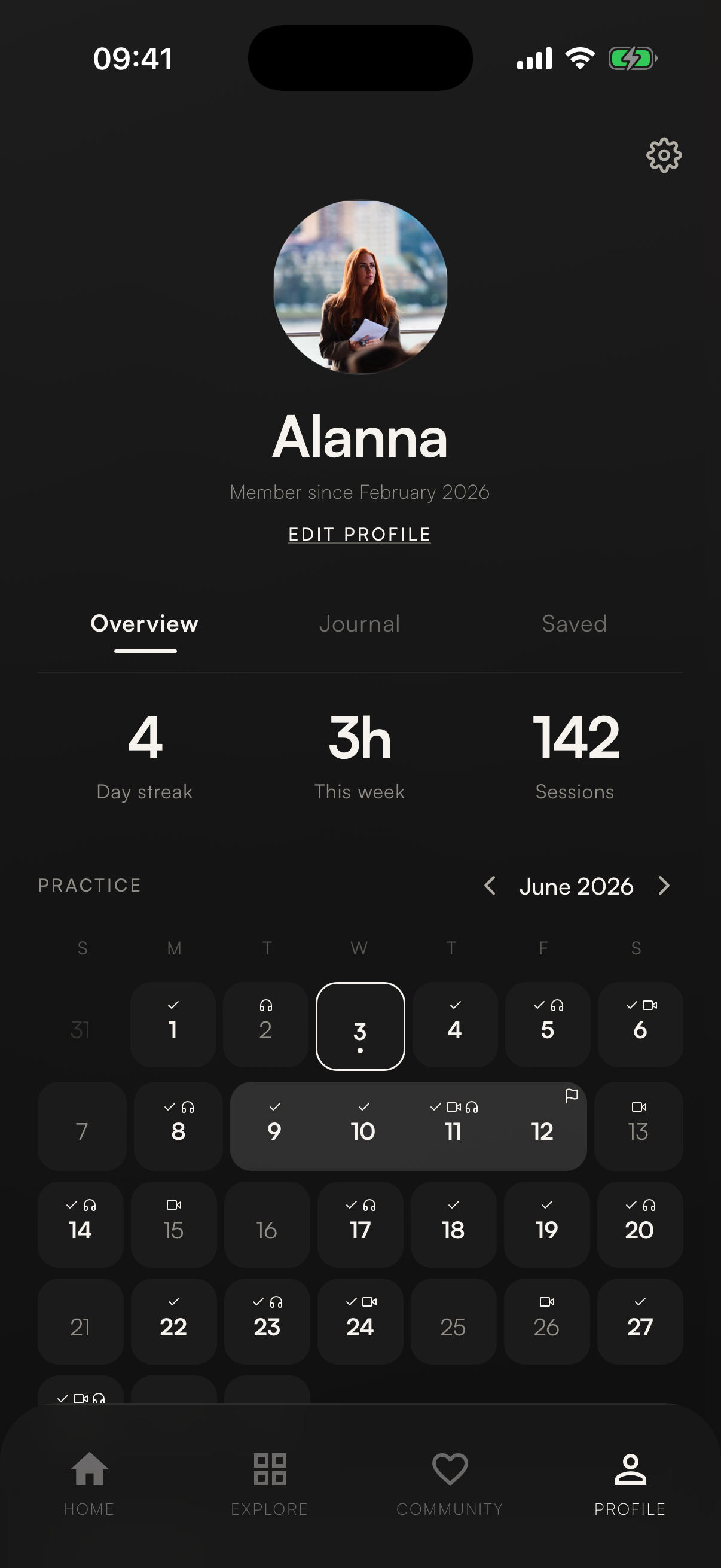 Rewire practice calendar showing daily streaks
