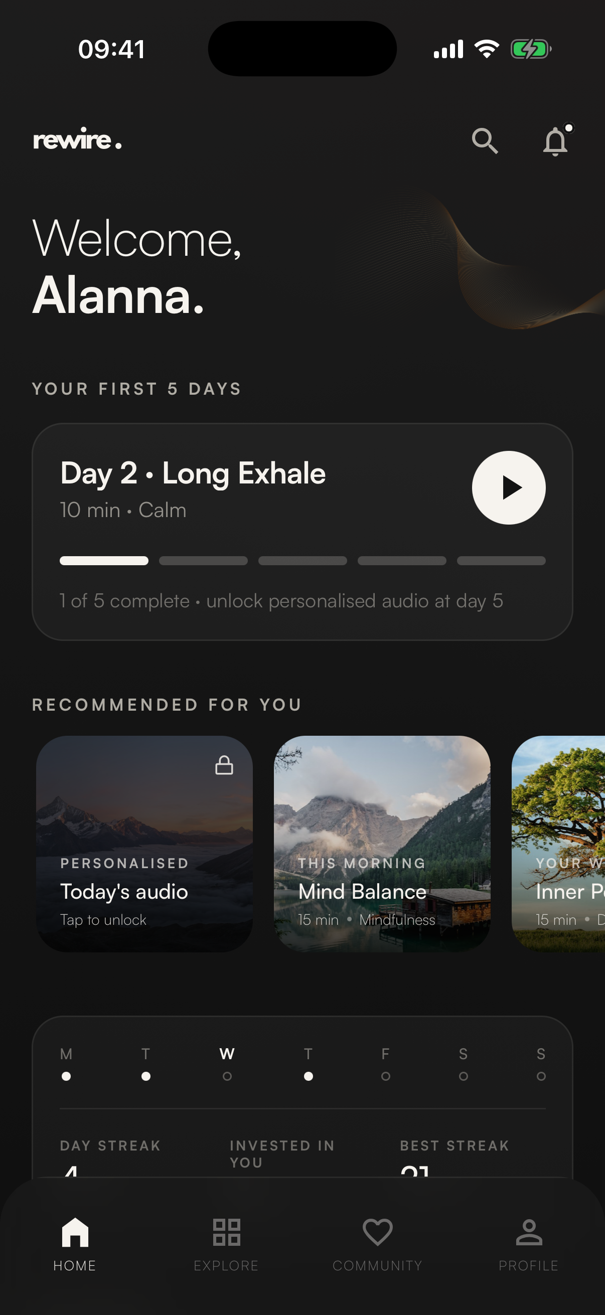 Rewire home screen with personalised audio sessions